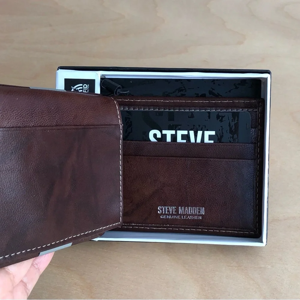 New Steve Madden Genuine Leather Wallet Dark Brown Mens One Size.